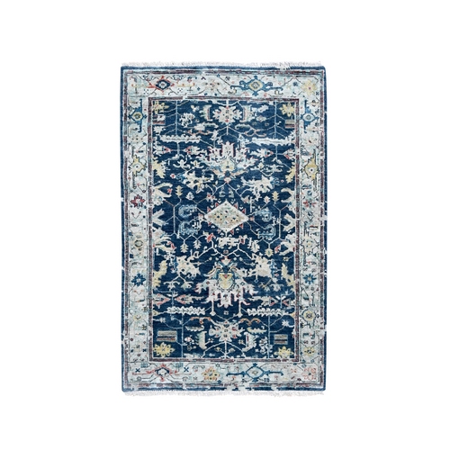 Navy Blue, Broken and Erased Persian Heriz All Over Design, Soft Color Palette, Denser Weave, Hand Knotted, 100% Wool, Oriental 