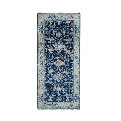 Yale Blue, Broken and Erased Persian Heriz All Over Design, Soft Color Palette, Hand Knotted, 100% Wool, Denser Weave, Runner, Oriental 