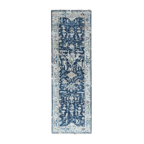 Navy Blue, Denser Weave, Broken and Erased Persian Heriz All Over Design, Soft Color Palette, Hand Knotted, 100% Wool, Runner, Oriental 