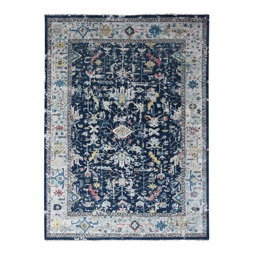 Imperial Blue, Broken and Erased Persian Heriz All Over Design, Soft Color Palette, Hand Knotted, 100% Wool, Denser Weave, Oriental 