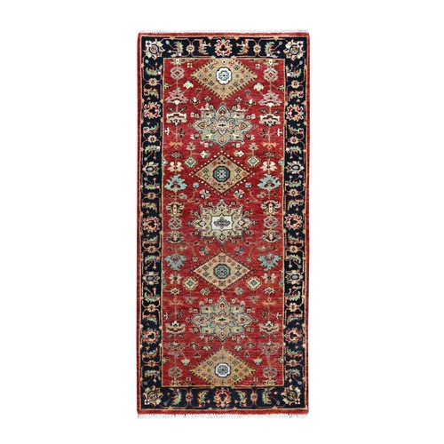 Crimson Red, Karajeh Design with Geometric Medallions, Hand Knotted, Soft Wool, Runner, Oriental 