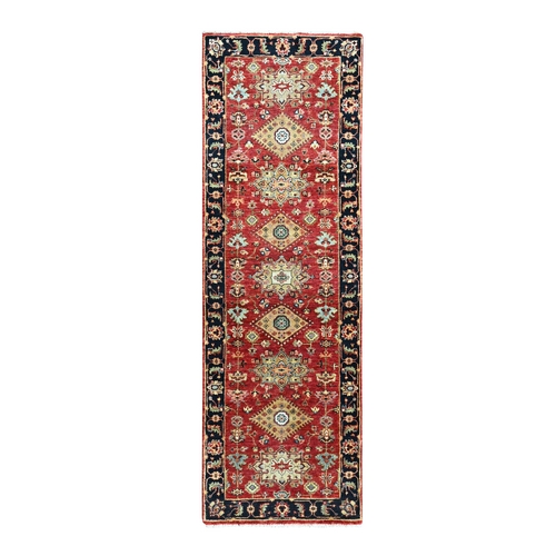 Crimson Red, Karajeh Design with Geometric Medallions, Hand Knotted, Soft Wool, Runner, Oriental 