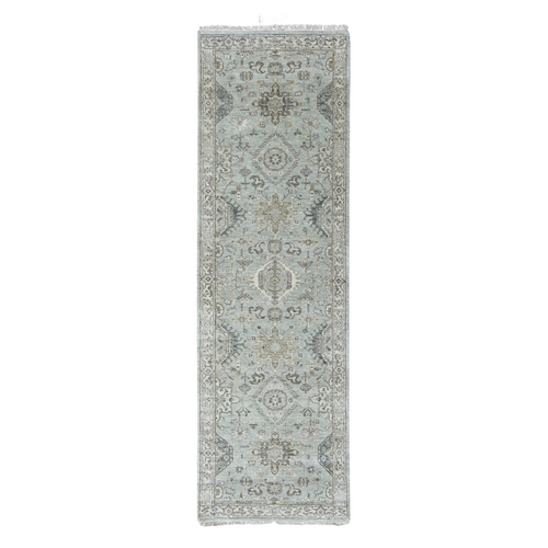 Greenish Gray, Pure Wool, Karajeh with Tribal Medallions Design, Hand Knotted, Runner, Oriental 
