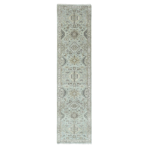 Greenish Gray, Pure Wool, Karajeh with Tribal Medallions Design, Hand Knotted, Runner, Oriental 