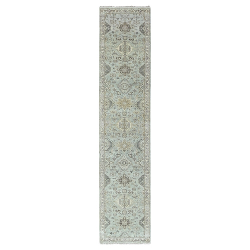 Greenish Gray, Pure Wool, Karajeh with Geometric Medallions Design, Hand Knotted, Runner, Oriental 