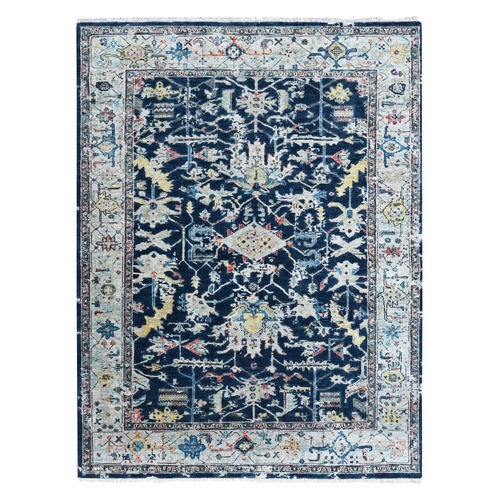 Denim Blue, Broken and Erased Persian Heriz All Over Design, Soft Color Palette, Hand Knotted, 100% Wool, Denser Weave, Oriental 
