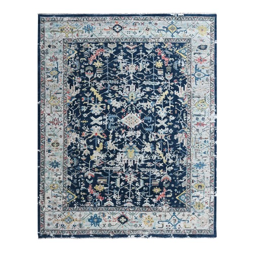 Denim Blue, Broken and Erased Persian Heriz All Over Design, Denser Weave, Soft Color Palette, Hand Knotted, 100% Wool, Oriental 