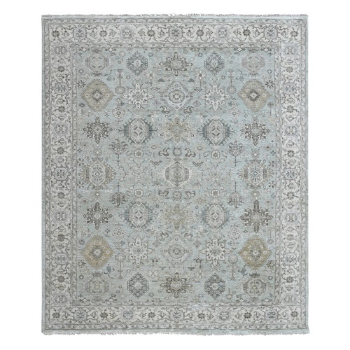 Greenish Gray, Hand Knotted, Pure Wool, Karajeh with Tribal Medallions Design, Oriental 