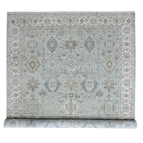 Greenish Gray, Hand Knotted, Pure Wool, Karajeh with Geometric Medallions Design, Oriental 
