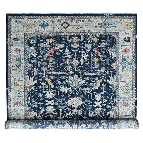 Denim Blue, Denser Weave, Broken and Erased Persian Heriz All Over Design, Soft Color Palette, Hand Knotted, 100% Wool, Oriental 