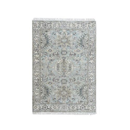 Greenish Gray, Pure Wool, Karajeh with Tribal Medallions Design, Hand Knotted, Mat, Sample, Oriental 