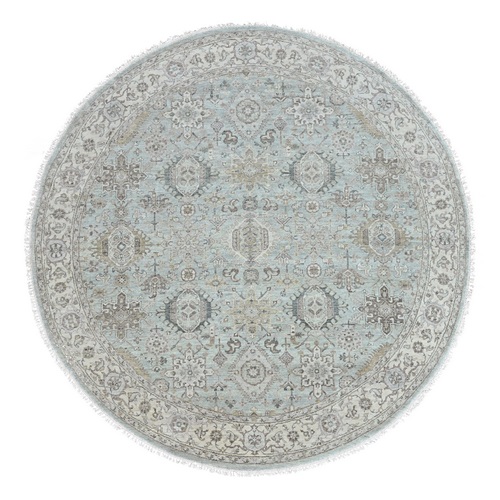 Greenish Gray, Pure Wool, Karajeh Design with Geometric Medallions, Hand Knotted, Round, Oriental 