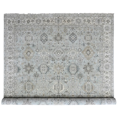 Greenish Gray, Pure Wool, Karajeh with Geometric Medallions Design, Hand Knotted, Oversized, XL, Oriental 