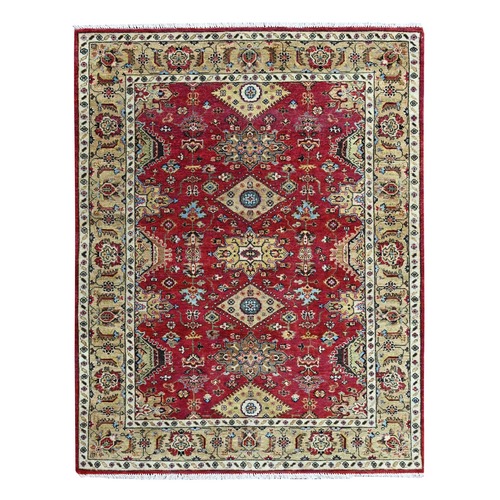 Crimson Red, Karajeh with Geometric Medallions Design, Pure Wool, Hand Knotted, Oriental Rug