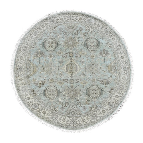 Greenish Gray, Hand Knotted, 100% Wool, Karajeh Design with Geometric Medallions, Round, Oriental 