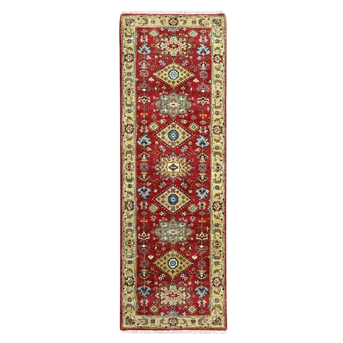 Crimson Red, Hand Knotted, Pure Wool, Karajeh with Geometric Medallions Design, Runner, Oriental 