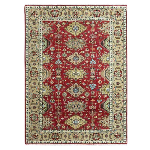 Crimson Red, Karajeh with Geometric Medallions Design, Pure Wool, Hand Knotted, Soft Pile, Oriental 
