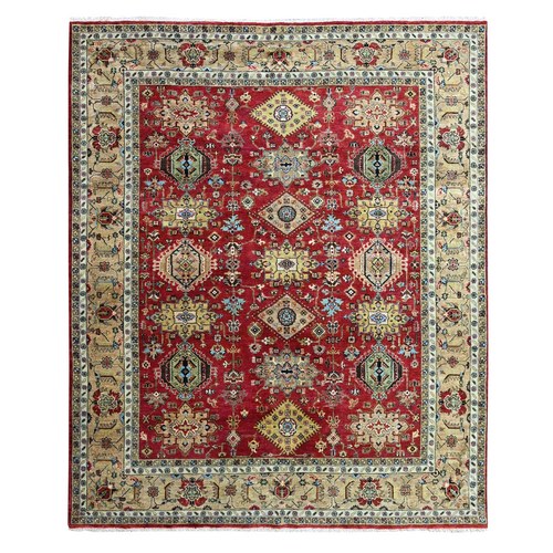 Crimson Red, Pure Wool, Hand Knotted, Karajeh with Geometric Medallions Design, Soft Pile, Oriental 