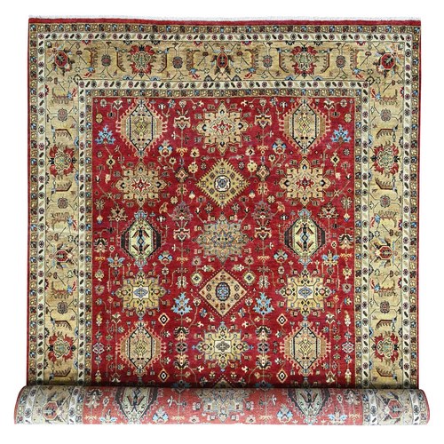 Crimson Red, Karajeh with Geometric Medallions Design, Pure Wool, Hand Knotted, Oriental 