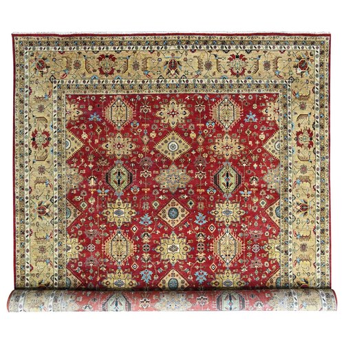 Crimson Red, Hand Knotted, Karajeh with Geometric Medallions Design, Pure Wool, Oversized, XL, Oriental 