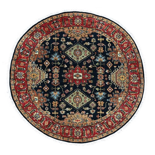 Midnight Black, Hand Knotted, Karajeh Design with Geometric Medallions, Natural Dyes, Organic Wool, Soft and Vibrant Pile, Round, Oriental 
