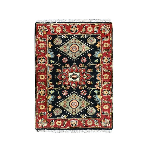 Midnight Black, Karajeh Design with Geometric Medallions, Hand Knotted, Natural Dyes, Organic Wool, Soft and Vibrant Pile, Mat, Sample, Oriental 