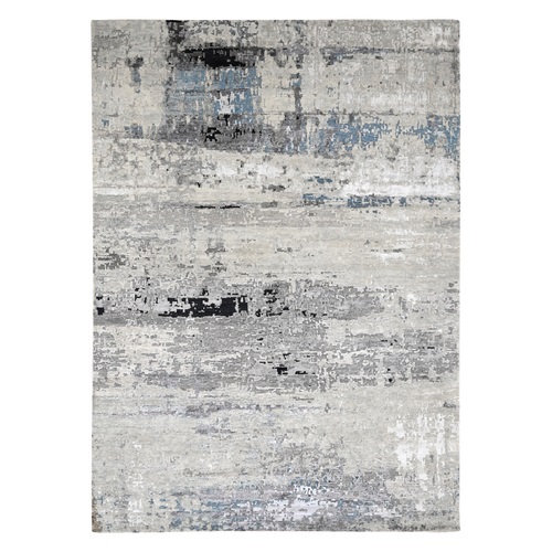 Shades of Gray, Wool and Silk, Hand Knotted, Modern Abstract Design, Oriental Rug