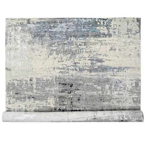 Shades of Gray, Modern Abstract Design, Wool and Silk, Hand Knotted, Oriental Rug