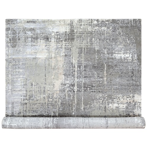 Medium Gray, Abstract with Mosaic Design, Wool and Silk, Hand Knotted, Oriental Rug