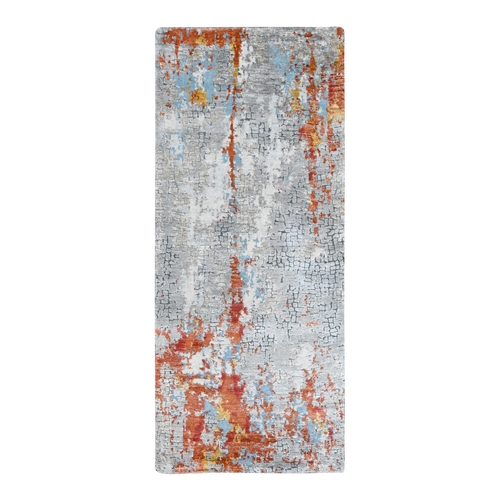 Burnt Orange with Coin Gray, Wool and Silk, Abstract with Fire Mosaic Design, Hand Knotted, Runner, Oriental Rug