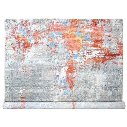 Burnt Orange with Cloud Gray, Abstract with Fire Mosaic Design, Wool and Silk, Hand Knotted, Square Oriental Rug