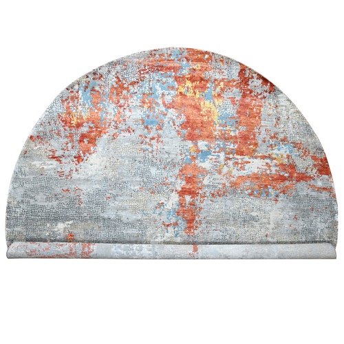 Rust Orange with Medium Gray, Hand Knotted, Abstract with Fire Mosaic Design, Wool and Silk, Round, Oriental Rug