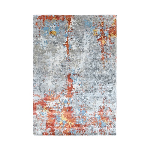 Burnt Orange with Coin Gray, Abstract with Fire Mosaic Design, Wool and Silk, Hand Knotted, Oriental Rug