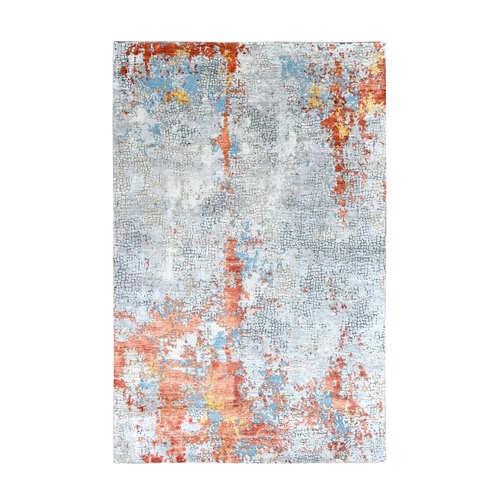 Flame Orange with Cloud Gray, Wool and Silk, Abstract with Fire Mosaic Design, Hand Knotted, Oriental Rug