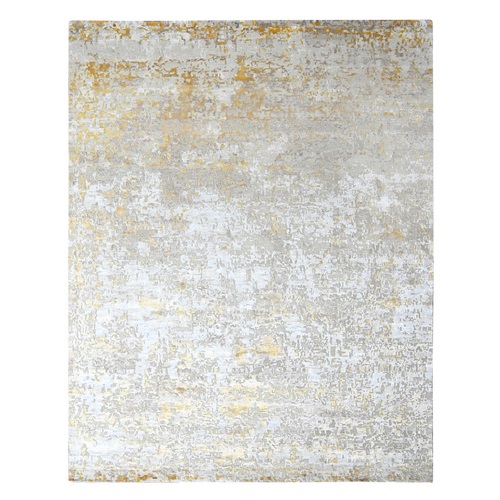 Pastel Gray with Touches of Gold, Abstract Design, Hi-Low Pile, Wool and Silk, Hand Knotted, Oriental Rug
