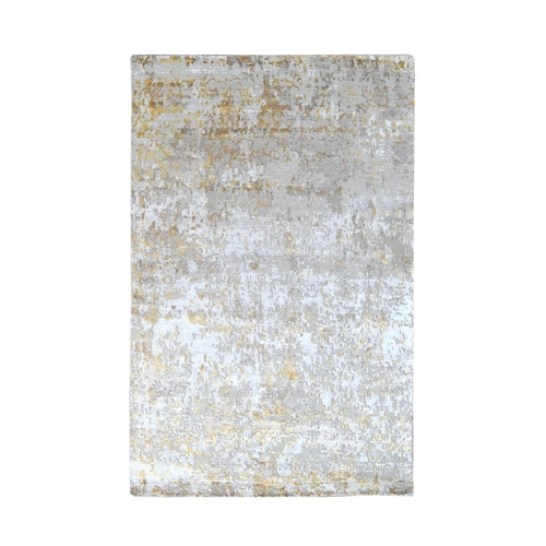 Spanish Gray with Touches of Gold, Hand Knotted, Abstract Design, Embossed Pile, Hi-Low Pile, Wool and Silk, Oriental Rug