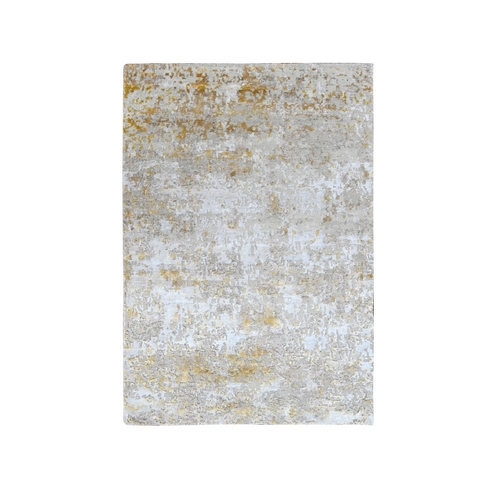 Pastel Gray with Touches of Gold, Hi-Low Pile, Abstract Design, Wool and Silk, Hand Knotted, Oriental Rug