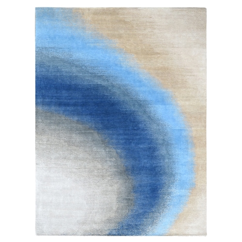 THE SKY AND OCEAN, Modern Gradation Design, Thick and Plush, 100% Wool, Hand Knotted, Oriental Rug