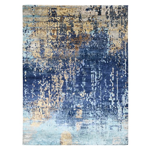 Aegean Blue, Modern Mosaic Design with Mix of Gold, Hand Knotted, Persian Knot, Denser Weave, Wool and Silk, Oriental 