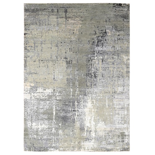 Medium Gray, Abstract with Mosaic Design, Wool and Silk, Hand Knotted, Oriental Rug