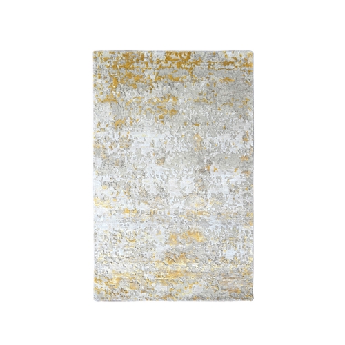 Spanish Gray with Touches of Gold, Hand Knotted, Abstract Design, Embossed Pile, Hi-Low Pile, Wool and Silk, Oriental 