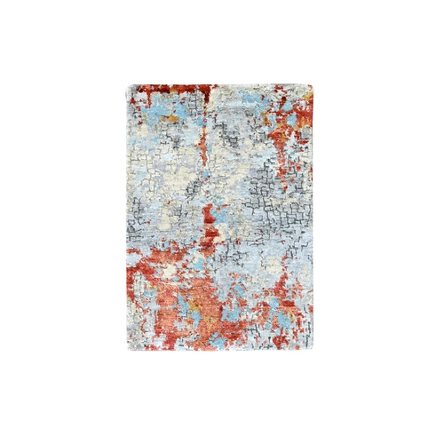 Burnt Orange with Coin Gray, Wool and Silk, Abstract with Fire Mosaic Design, Hand Knotted, Mat, Oriental 