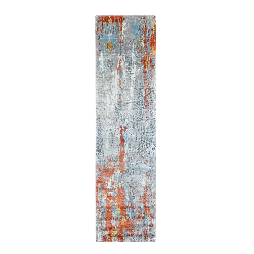 Rust Orange with Medium Gray, Hand Knotted, Abstract with Fire Mosaic Design, Wool and Silk, Runner, Oriental Rug