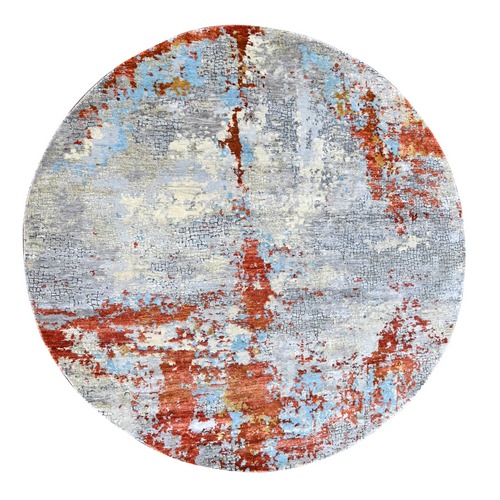 Burnt Orange with Cloud Gray, Abstract with Fire Mosaic Design, Wool and Silk, Hand Knotted, Round, Oriental 