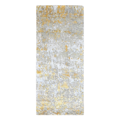 Beige with Gold, Abstract Design, Wool and Silk, Hi-Low Pile, Hand Knotted, Runner, Oriental 