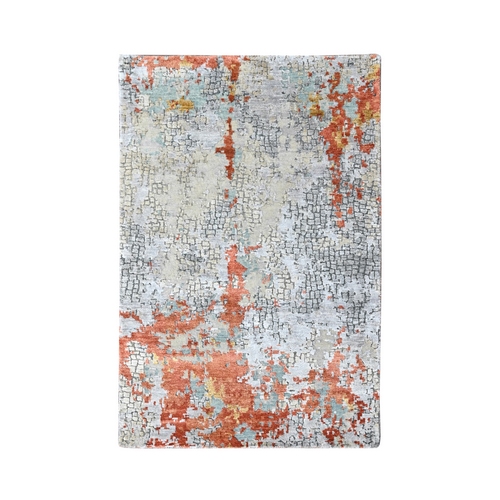 Burnt Orange with Gray, Wool and Silk, Abstract with Fire Mosaic Design, Hand Knotted, Oriental 