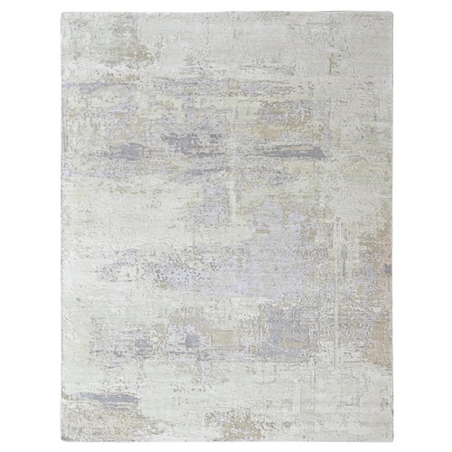 Beige with Purple, Modern Abstract Design, Wool and Silk, 100 KPSI, Nepali Weave, Hand Knotted, Oriental 