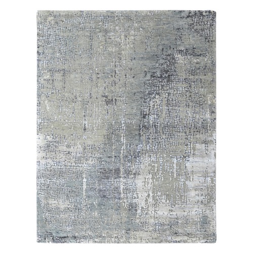 Silver Gray, Densely Woven, Wool and Silk, Hand Knotted, Modern Abstract with Mosaic Design, Persian Knot, Oriental 