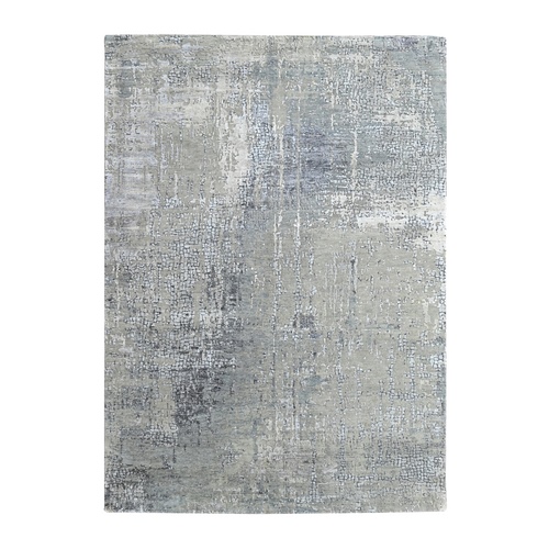 Silver Gray, Hand Knotted, Modern Abstract with Mosaic Design, Wool and Silk, Persian Knot, Densely Woven, Oriental 