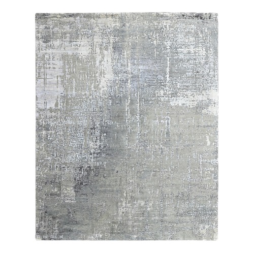 Silver Gray, Wool and Silk, Modern Abstract with Mosaic Design, Hand Knotted, Persian Knot, Densely Woven, Oriental 